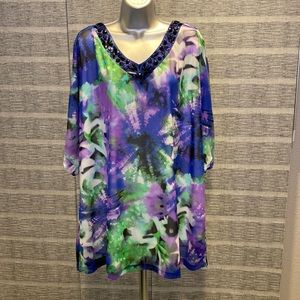 Avenue Multicolor Tie-Dye Top with Beaded Neckline